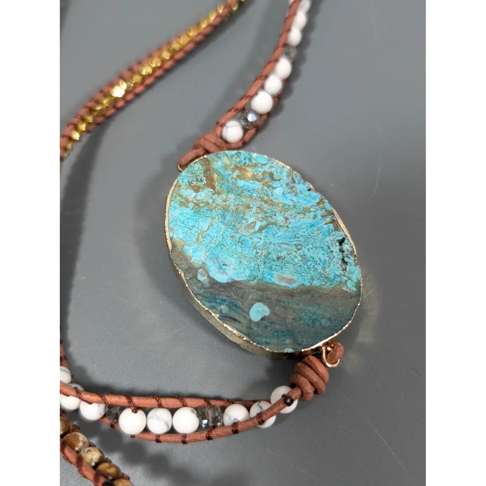 Blue Stone Wrap Bracelet Necklace Convertible Beaded Glass Stone Boho 37